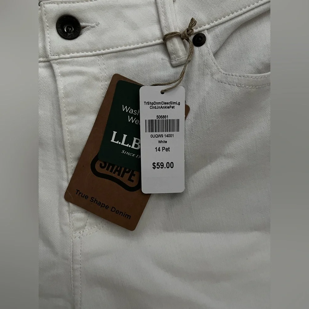 NWT L.L. Bean Women's True Shape Jeans, High-Rise Slim-Leg Ankle White - 14P